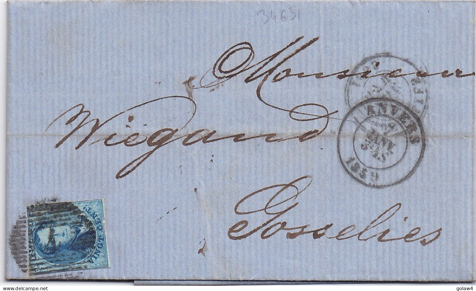 34631# BELGIQUE LEOPOLD MEDAILLON N°11 LETTRE Obl 4 ANVERS 1859 Pour GOSSELIES - 1849-1865 Medaglioni (Varie)