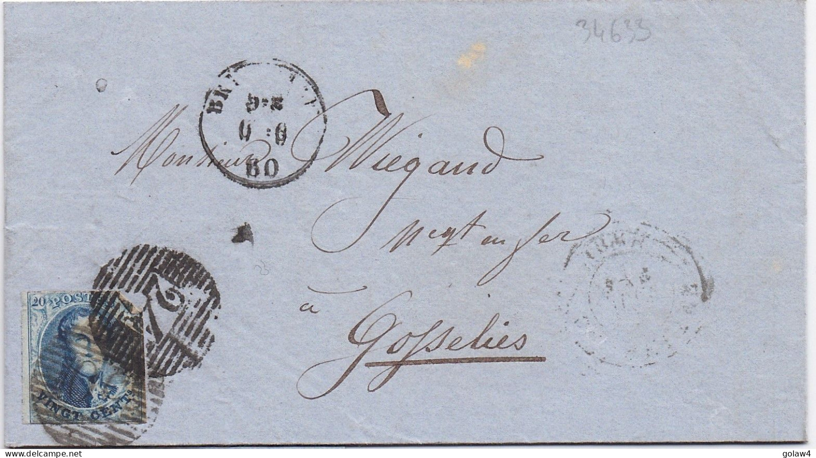 34632# BELGIQUE LEOPOLD MEDAILLON N°11 LETTRE Obl 24 BRUXELLES 1860 Pour GOSSELIES - 1849-1865 Medaillen (Sonstige)