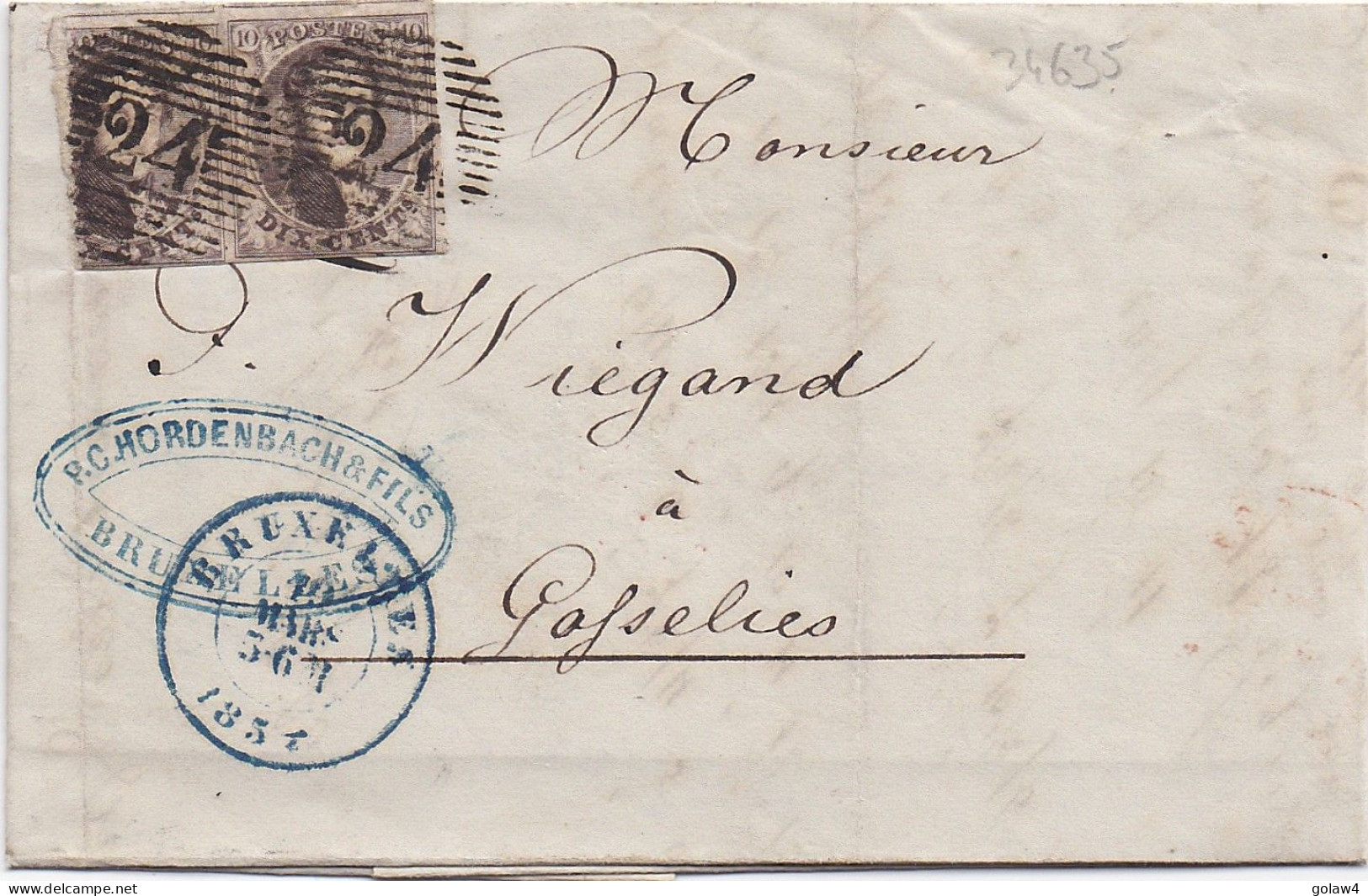 34635# BELGIQUE LEOPOLD MEDAILLON N°6 PAIRE LETTRE Obl 24 BRUXELLES 1854 Pour GOSSELIES - 1849-1865 Medaglioni (Varie)