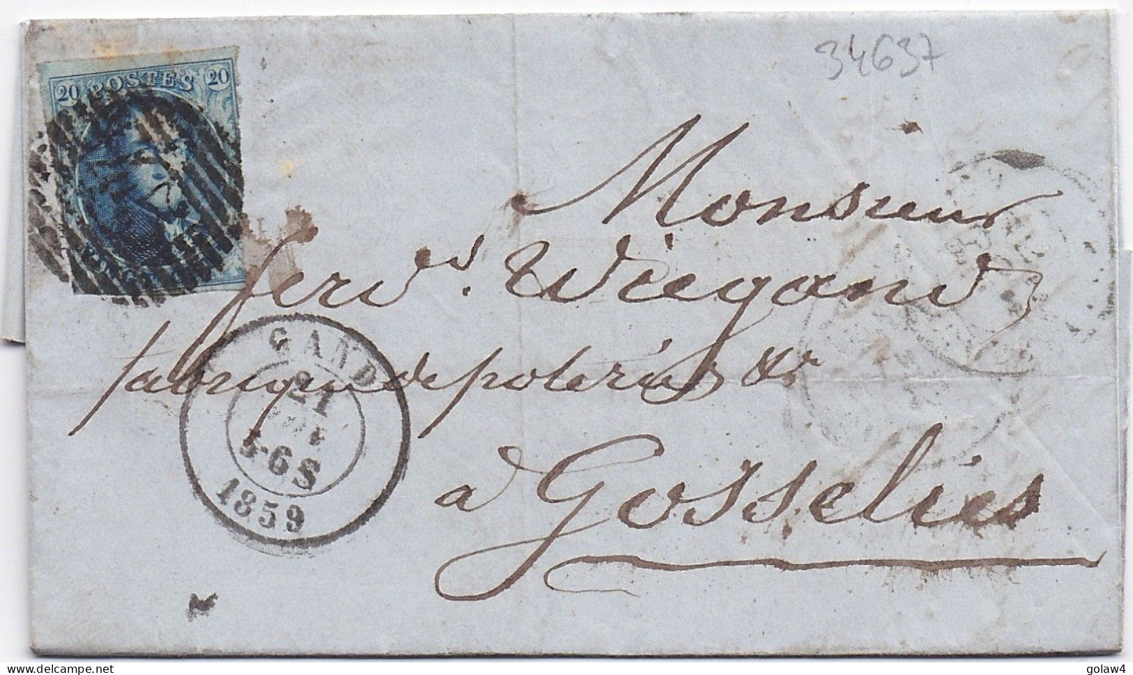 34637# BELGIQUE LEOPOLD MEDAILLON N°11 LETTRE Obl 45 GAND 1859 Pour GOSSELIES - 1849-1865 Médaillons (Autres)