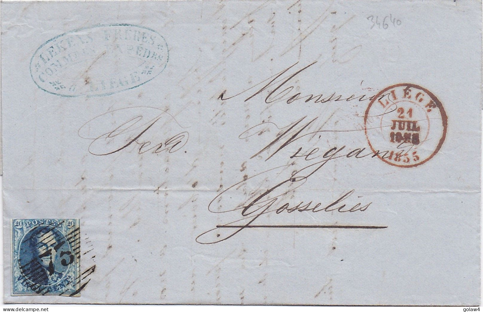 34640# BELGIQUE LEOPOLD MEDAILLON N°7 LETTRE Obl 73 LIEGE 1855 Pour GOSSELIES - 1849-1865 Médaillons (Autres)