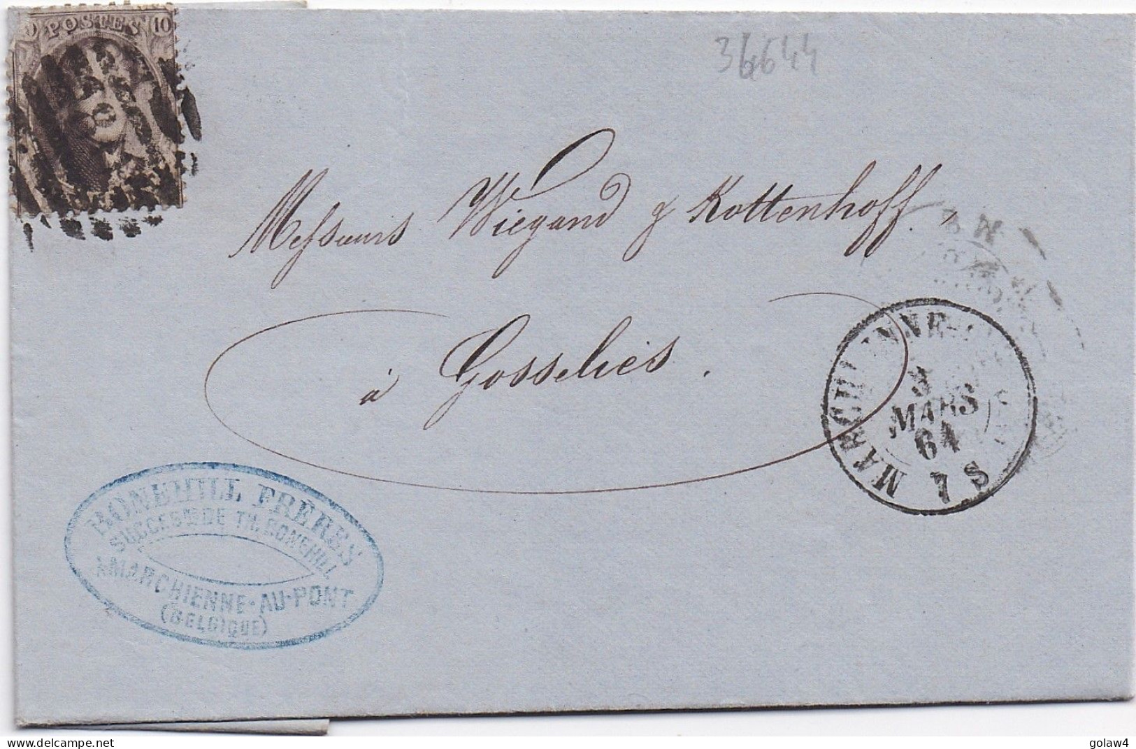 34644# BELGIQUE LEOPOLD MEDAILLON N°14 LETTRE Obl 80 MARCHIENNE AU PONT 1861 Pour GOSSELIES - 1849-1865 Medallones (Otros)