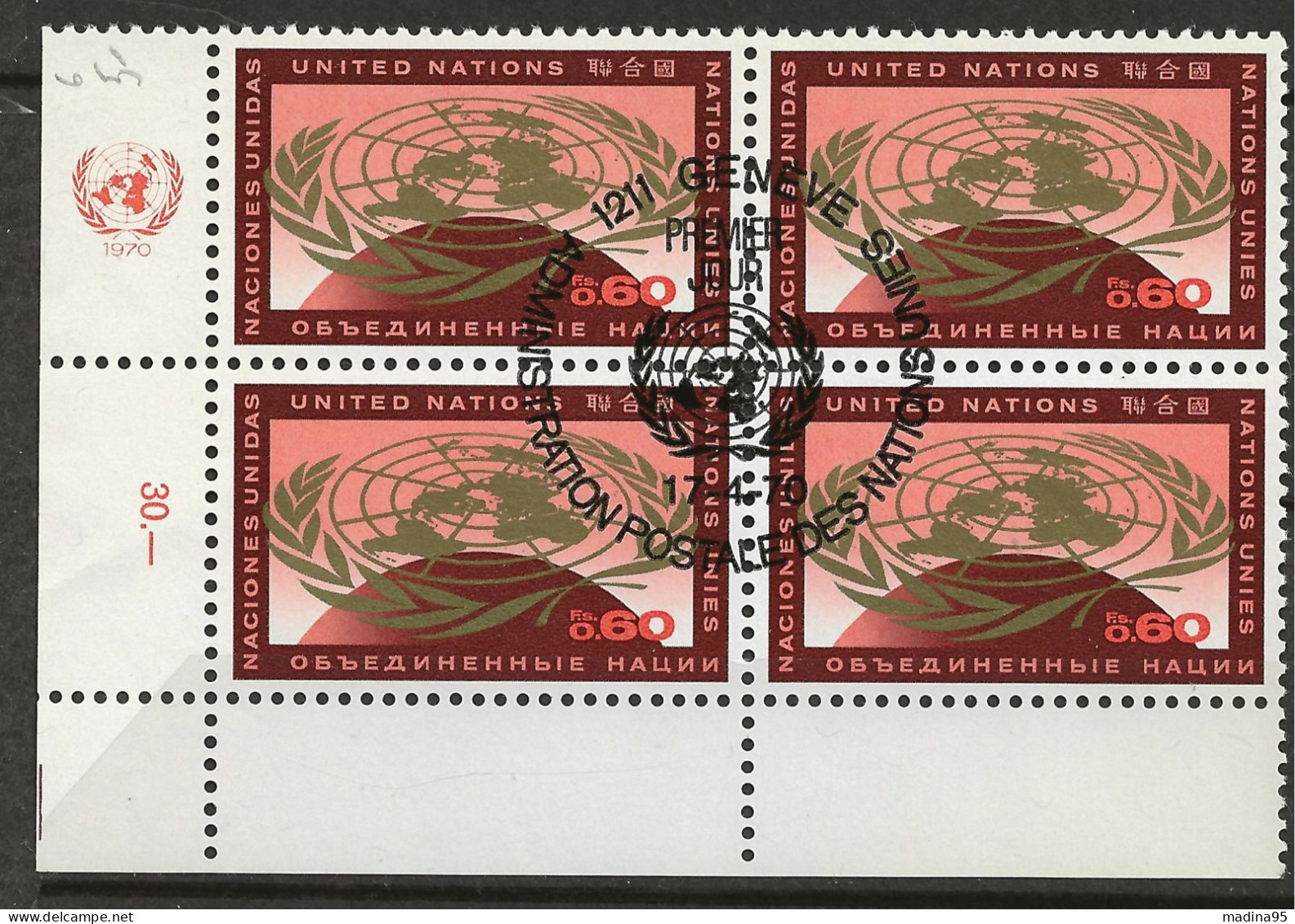 NATIONS-UNIES - GENEVE: Obl., N° YT 6 X 4, Bloc Cdf, Obl. PJ, TB - Used Stamps