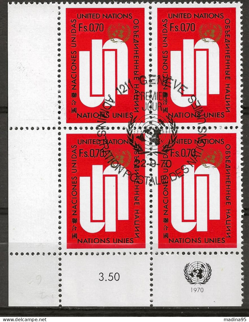 NATIONS-UNIES - GENEVE: Obl., N° YT 7 X 4, Bloc Cdf, Obl. PJ, TB - Used Stamps