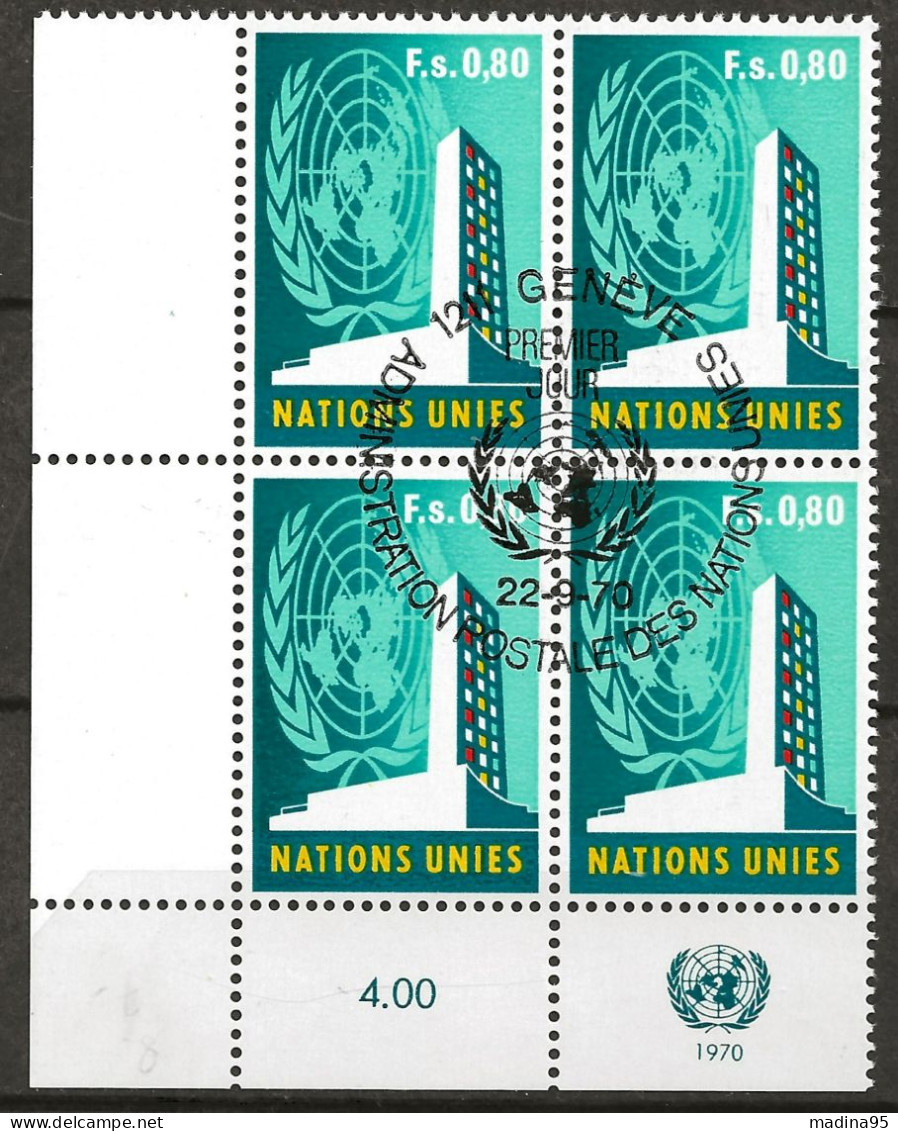 NATIONS-UNIES - GENEVE: Obl., N° YT 9 X 4, Bloc Cdf, Obl. PJ, TB - Used Stamps