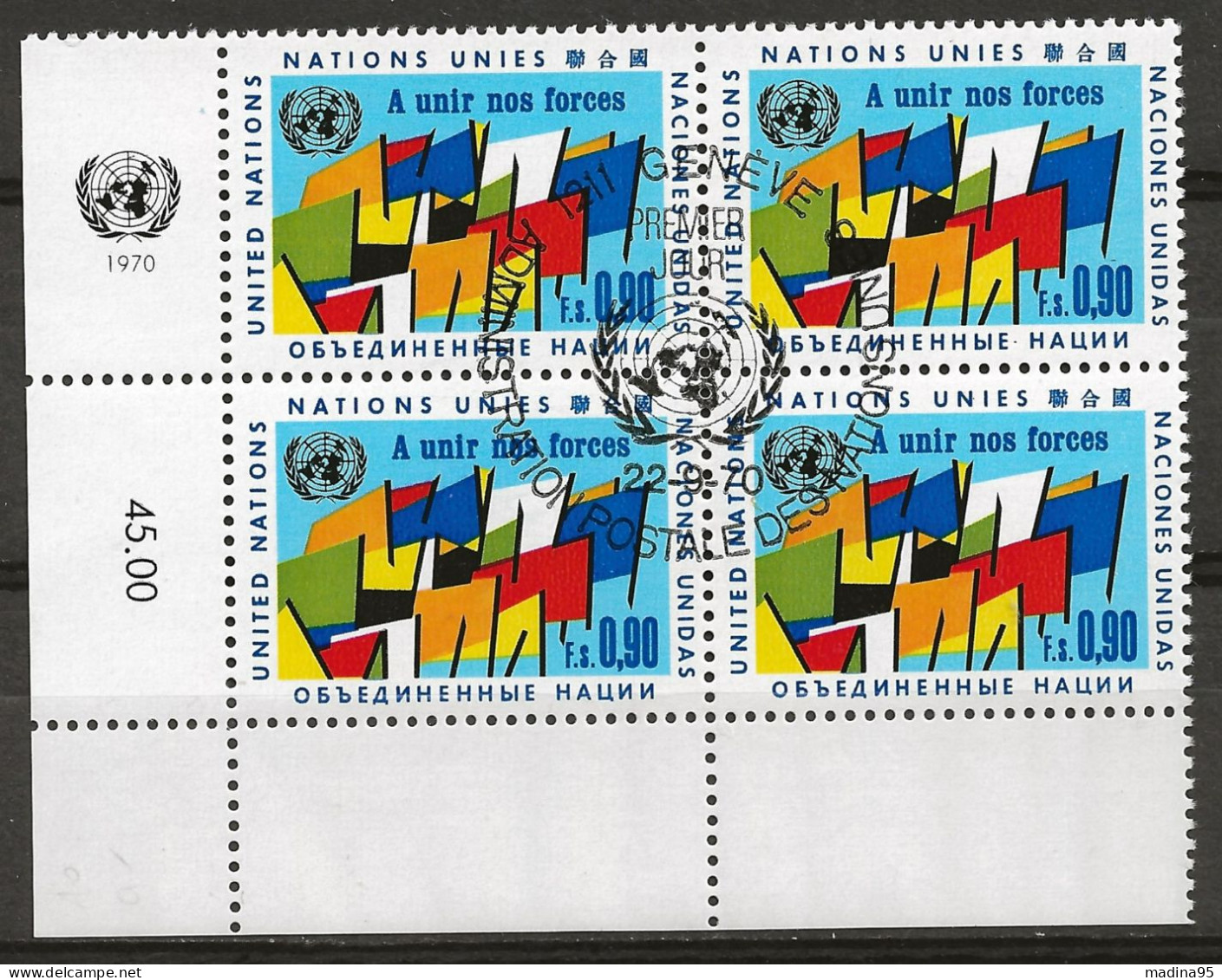 NATIONS-UNIES - GENEVE: Obl., N° YT 10 X 4, Bloc Cdf, Obl. PJ, TB - Used Stamps