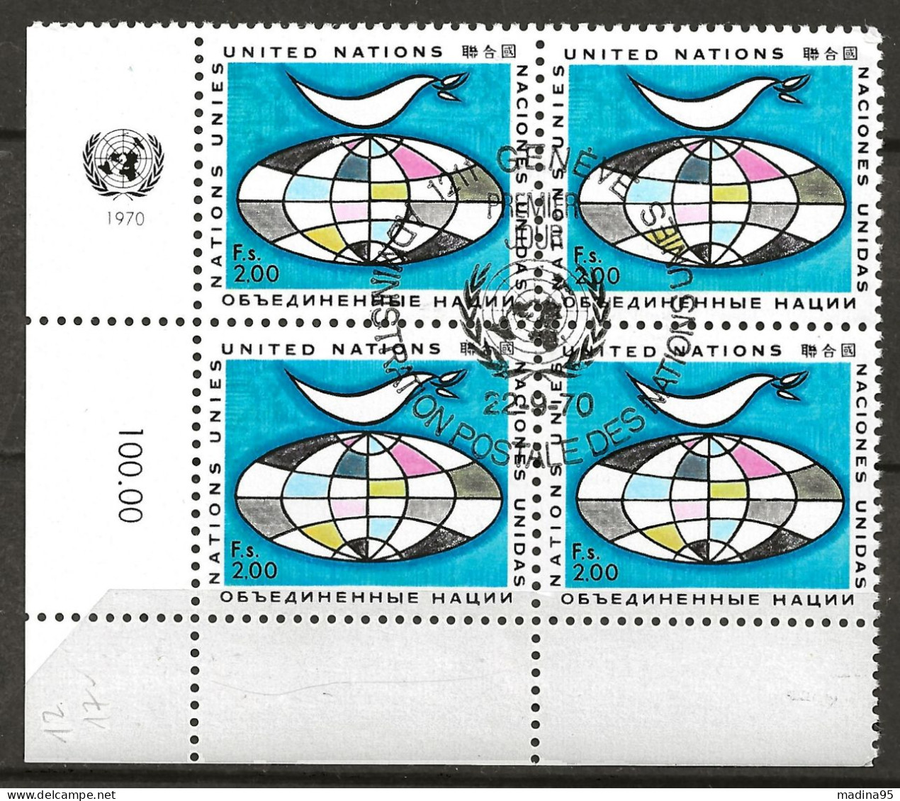NATIONS-UNIES - GENEVE: Obl., N° YT 12 X 4, Bloc Cdf, Obl. PJ, TB - Used Stamps