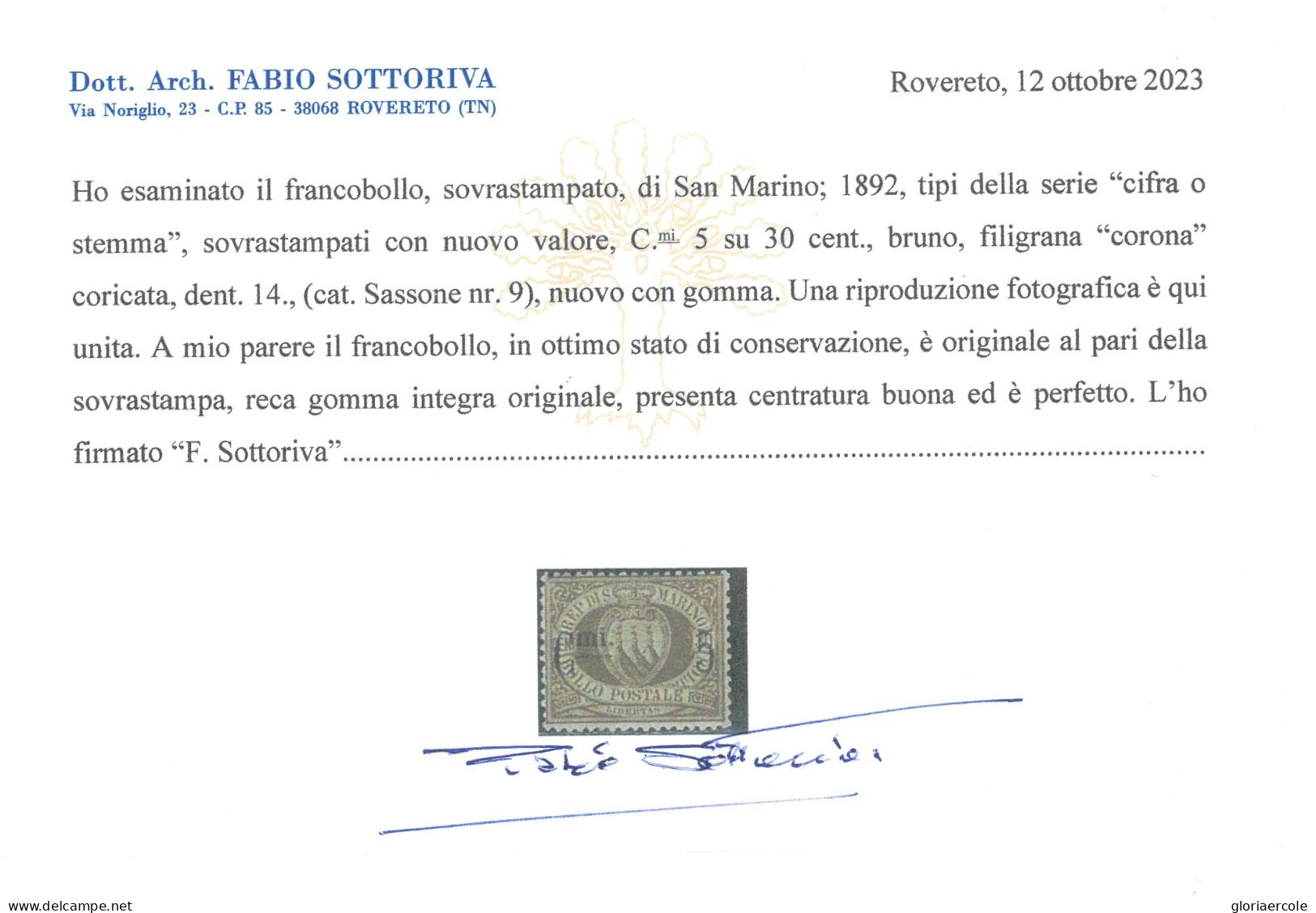 P2085 - REPUBBLICA DI SAN MARINO SASSONE NR. 9 GOMMA INTEGRA - Neufs