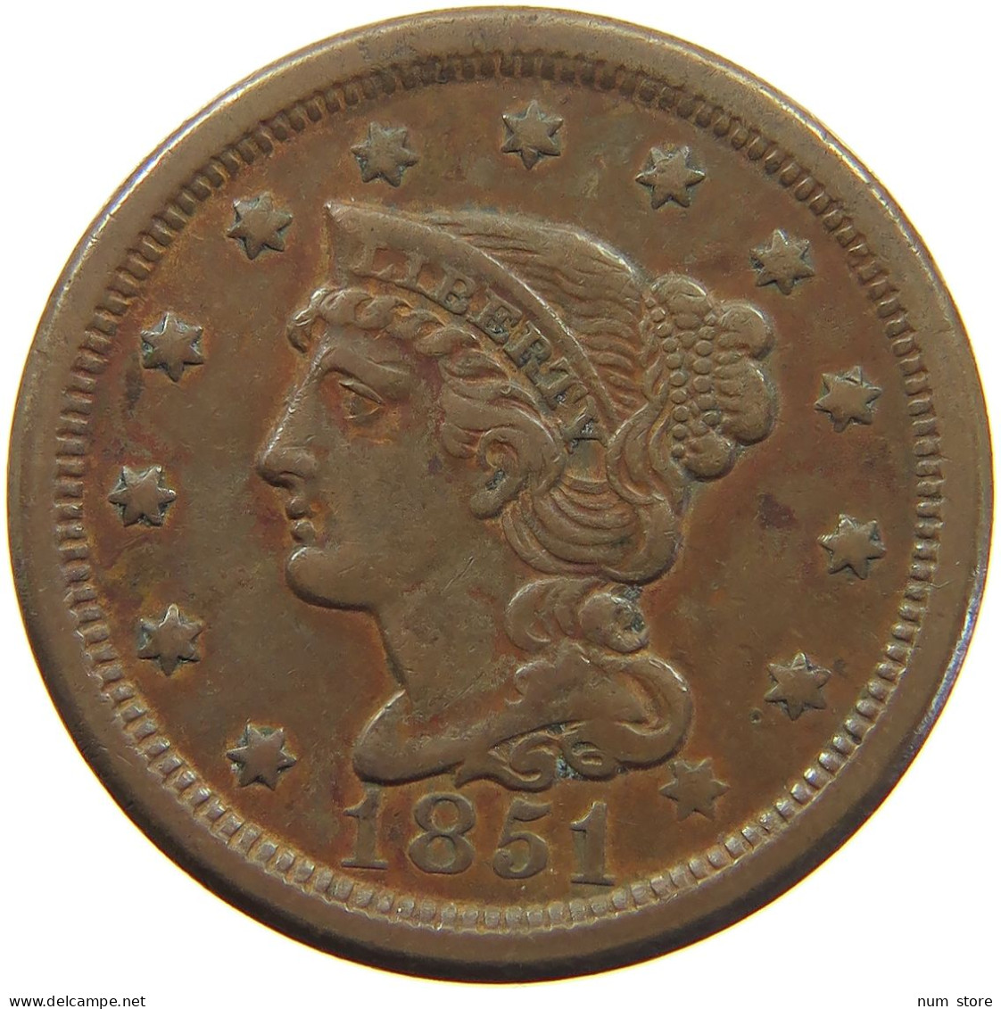 UNITED STATES OF AMERICA CENT 1851 BRAIDED HAIR #t003 0103 - 1840-1857: Braided Hair (Cheveux Tressés)