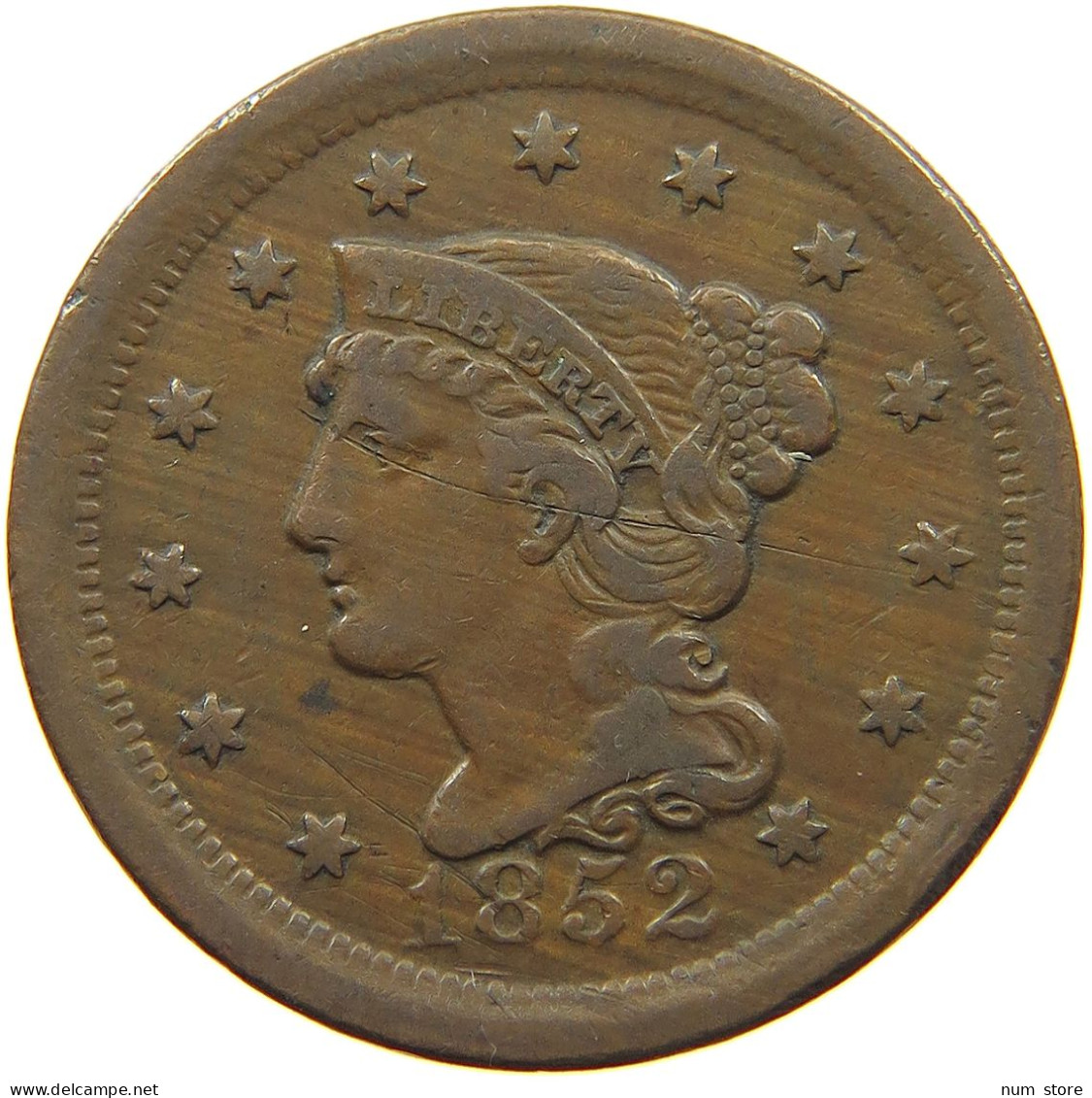 UNITED STATES OF AMERICA CENT 1852 BRAIDED HAIR #t109 0087 - 1840-1857: Braided Hair