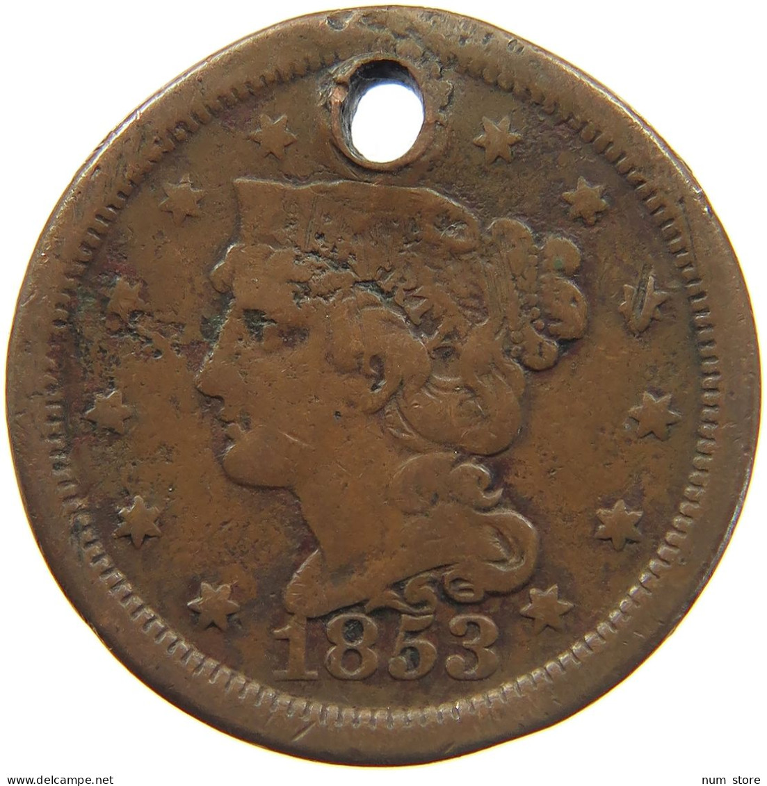 UNITED STATES OF AMERICA CENT 1853 BRAIDED HEAD #c012 0009 - 1840-1857: Braided Hair (Capelli Intrecciati)