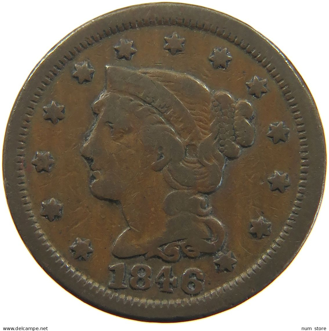 UNITED STATES OF AMERICA CENT 1846 BRAIDED HAIR #t005 0345 - 1840-1857: Braided Hair (Capelli Intrecciati)