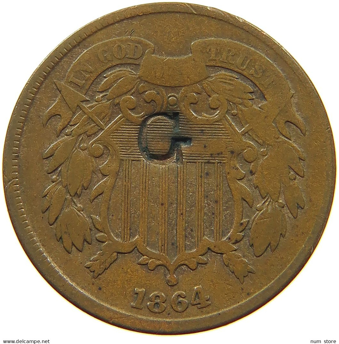 UNITED STATES OF AMERICA 2 CENTS 1864 COUNTERMARKED G #s076 0369 - 2, 3 & 20 Cent
