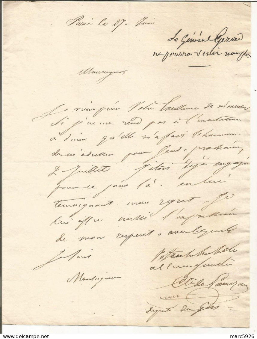 N°131 ANCIENNE LETTRE COMTE DE LAMEZAN DEPUTE DU GERS A PROPOS DU GENERAL GERARD DATE 27 JUIN - Personnages Historiques