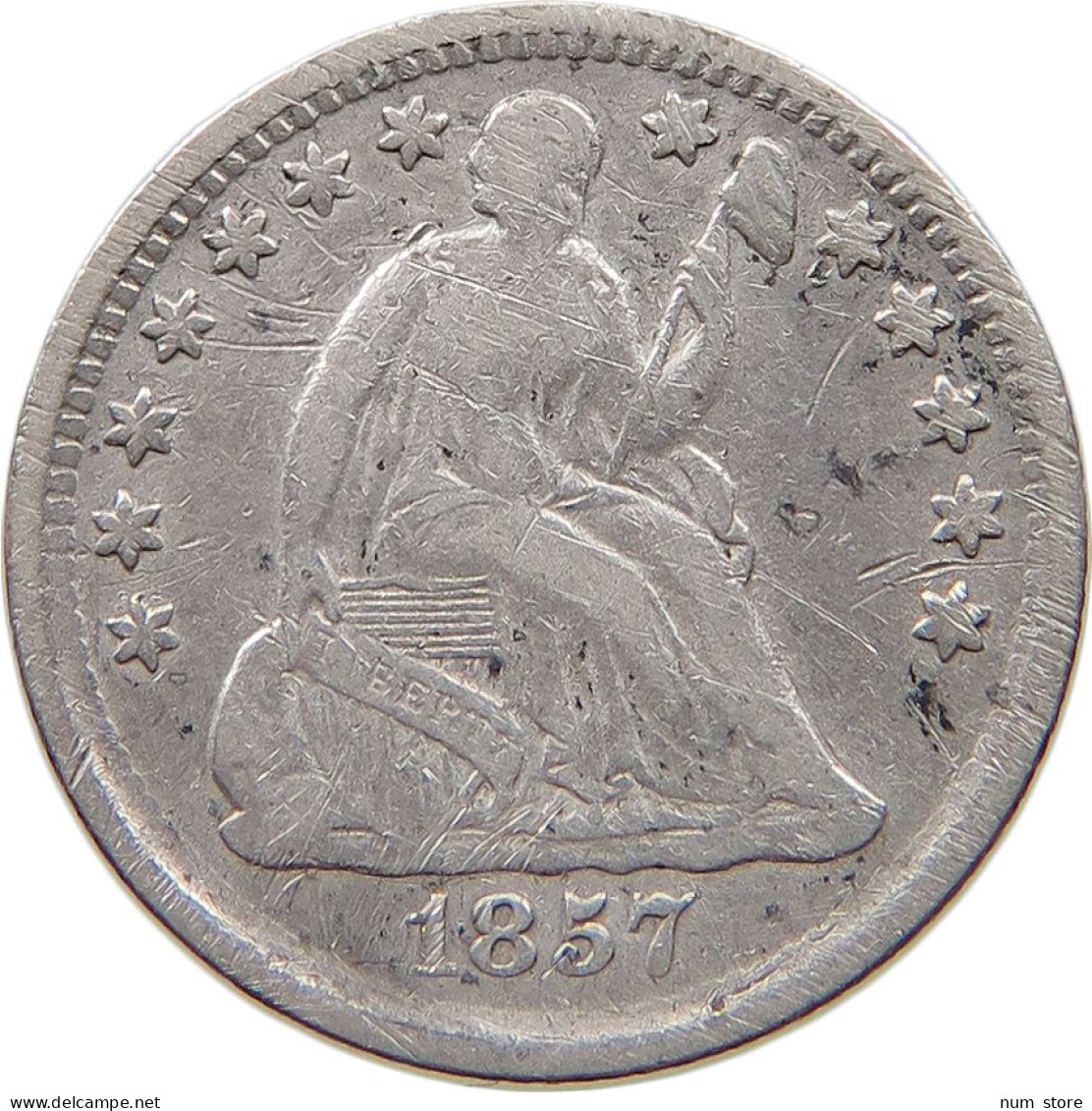 UNITED STATES OF AMERICA HALF DIME 1857 SEATED LIBERTY #t121 0323 - Half Dimes