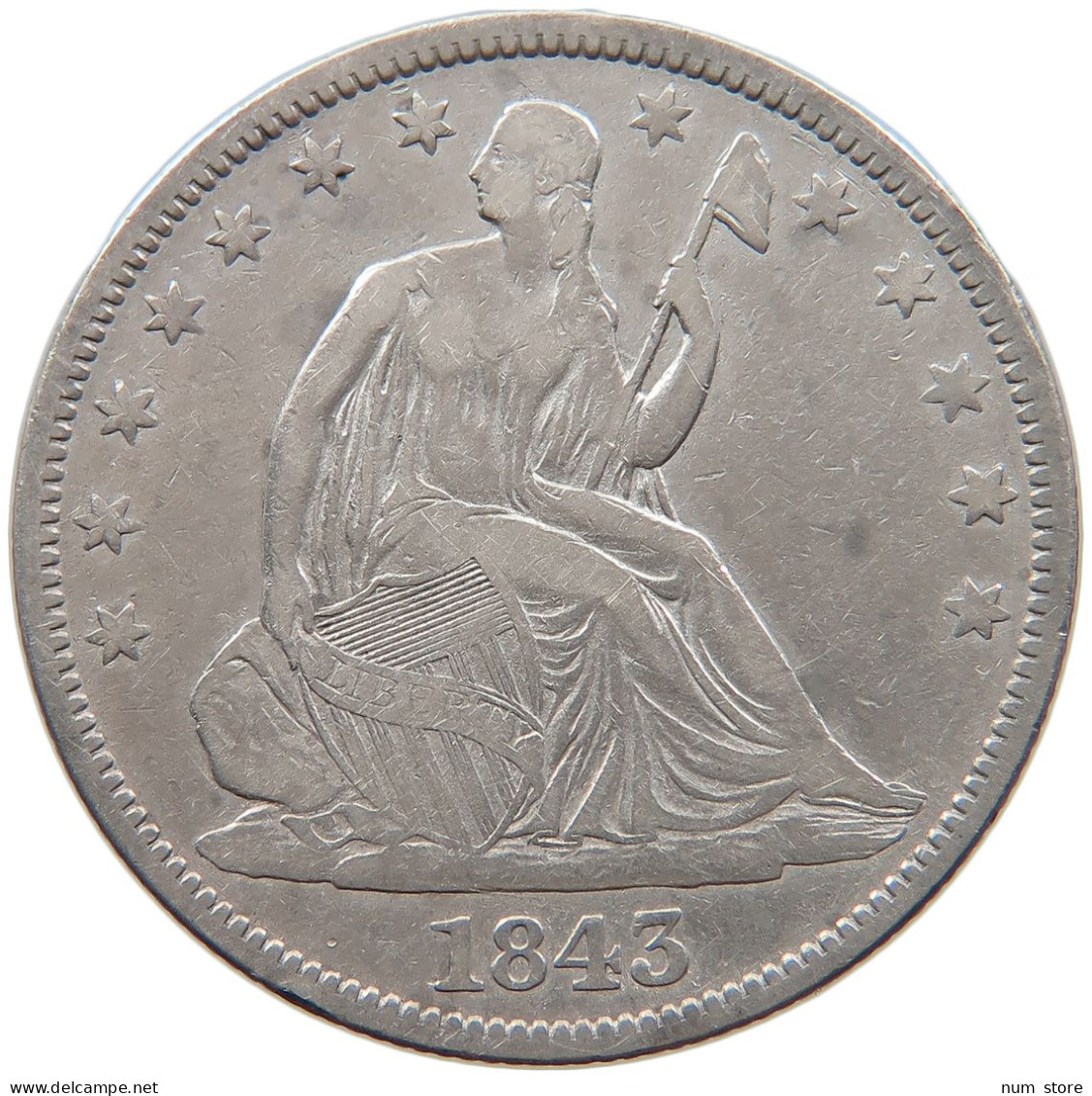 UNITED STATES OF AMERICA HALF 1/2 DOLLAR 1843 SEATED LIBERTY #t127 0359 - 1839-1891: Seated Liberty