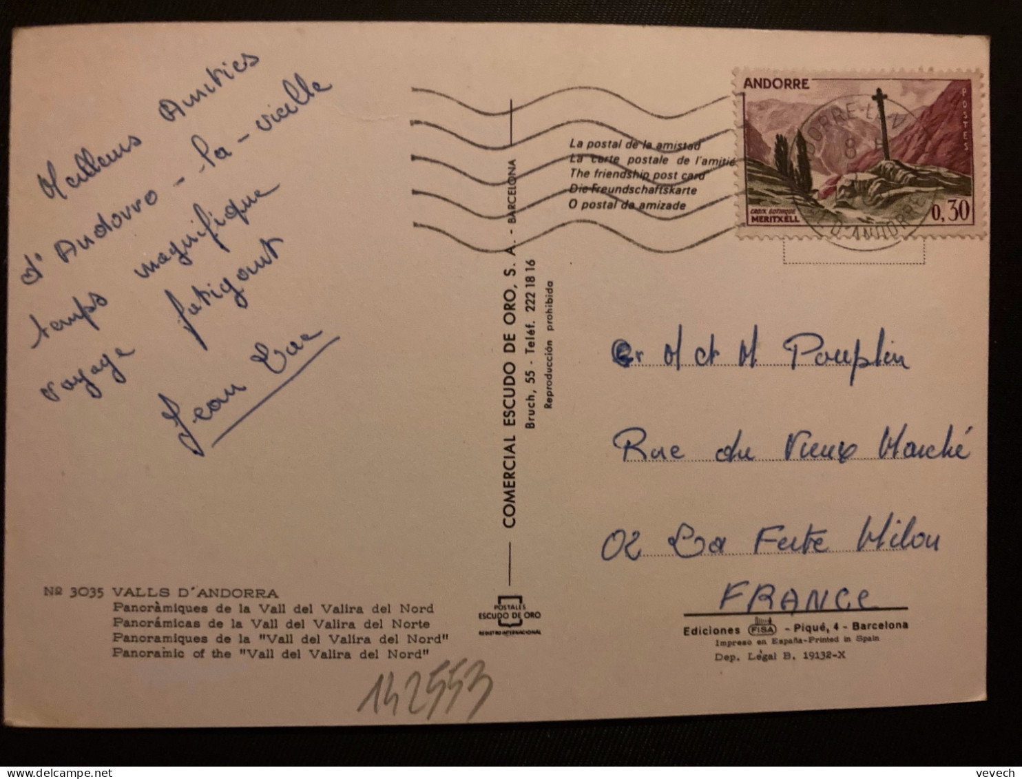 CP Pour La FRANCE TP CROIX GOTHIQUE MERITXELL 0,30 OBL.MEC.5-8 1969 ANDORRE LA VIEILLE - Storia Postale