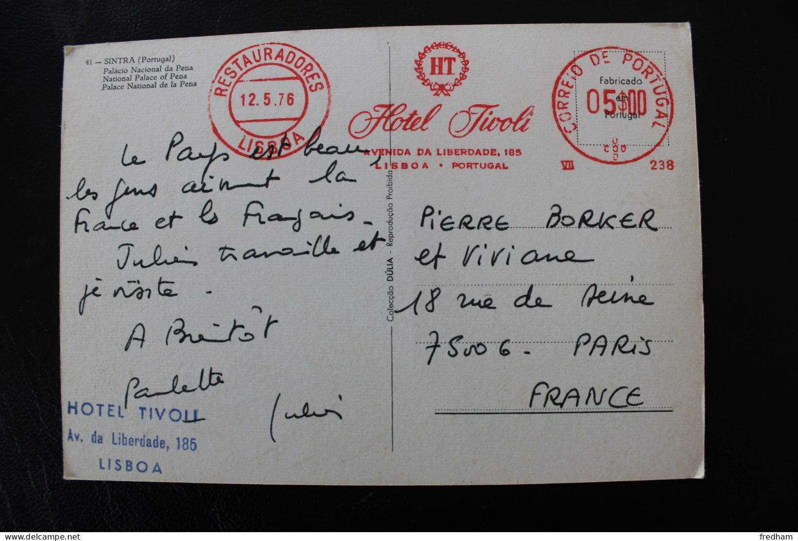 12/5/1976 EMA HOTEL TIVOLI LISBONNE +CACHET HOTEL TIVOLI POUR PARIS CP SINTRA  PALACIO NACIONAL DA PENA TB - Frankeermachines (EMA)