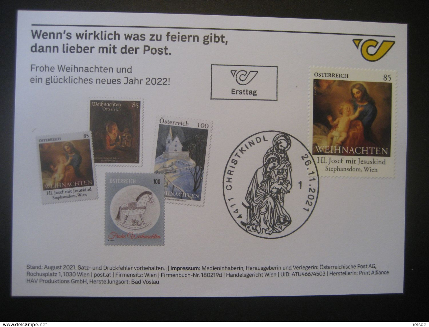 Österreich- Christkindl 2021, Alle 4 Weihnachtsmarken Mit Sonderstempel - Covers & Documents