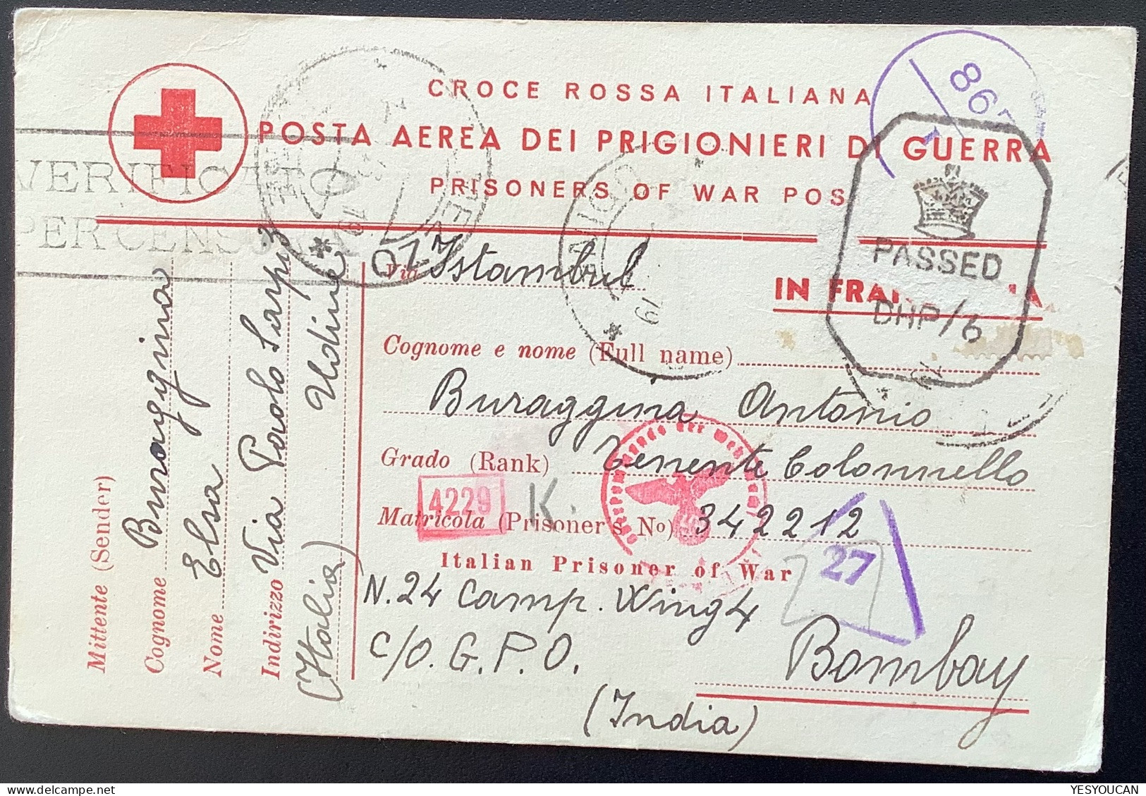 Udine1941Italian POW Bombay INDIA+censored+censura+crosse Rossa Prigionieri Di Guerra(WW2 OKW Zensur Italia Croix Rouge - Marcophilia