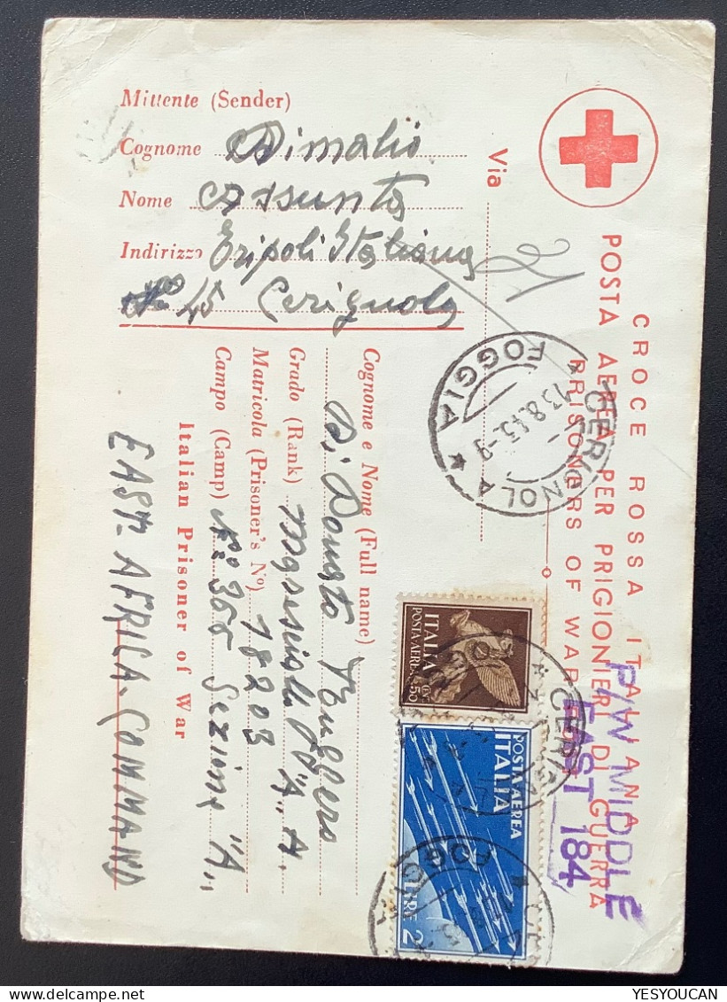 Cerignola 1943Italian POW MIDDLE EAST Africa+crosse Rossa Italiana Prigionieri Di Guerra+aerea (WW2 Italia Croix Rouge - Marcophilia