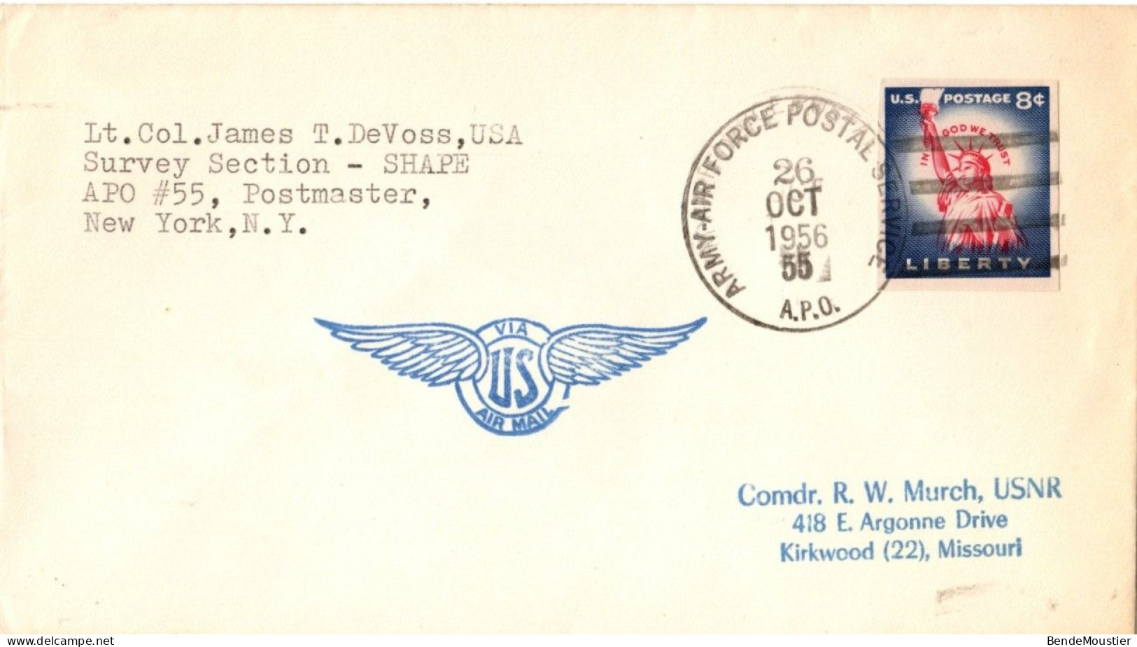 (N22) USA SCOTT # 1075b - Via US Air Mail - Army Air Force Postal Service A.P.O. - Kirwood Miss 1956 - Cartas & Documentos