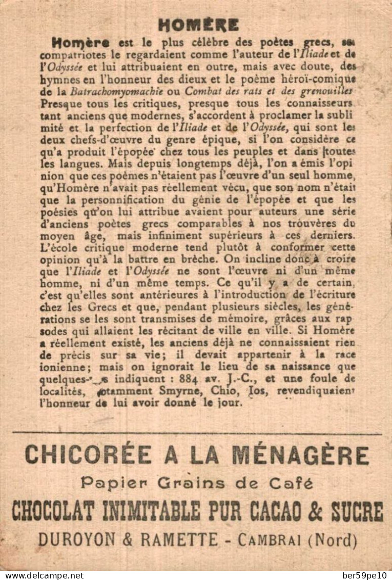 CHROMO CHICOREE A LA MENAGERE CHOCOLAT INIMITABLE DUROYON & RAMETTE CAMBRAI HOMERE 884 AVANT J.C. SCENE DE L'ODYSSEE - Duroyon & Ramette