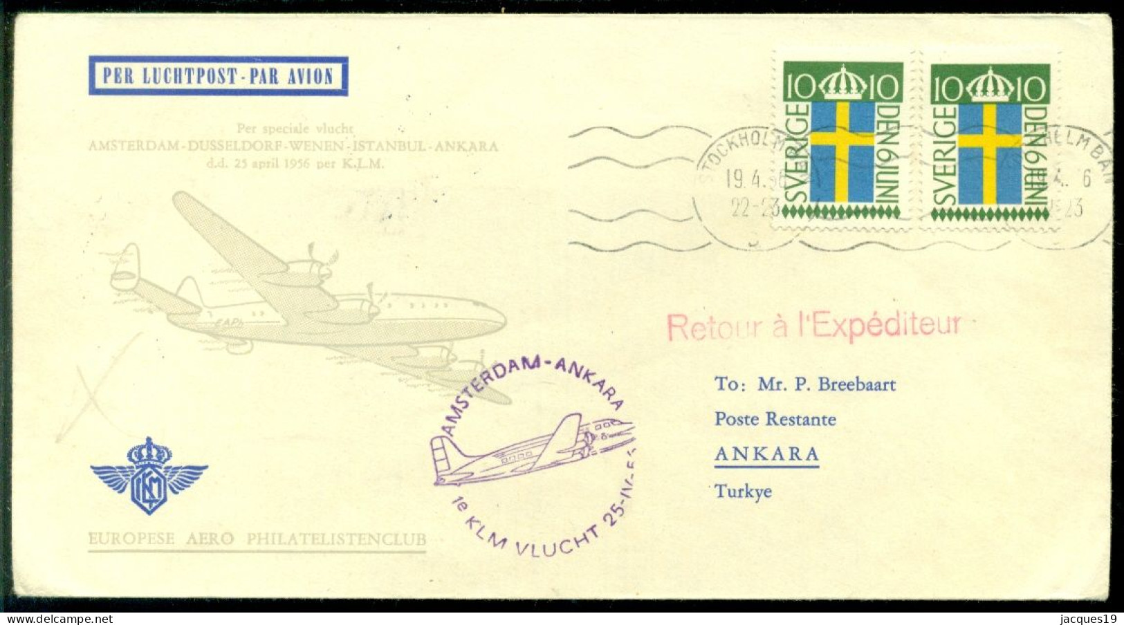 Nederland 1956 KLM 1e Vlucht Met Zweedse Post Amsterdam-Ankara VH A 470c - Storia Postale