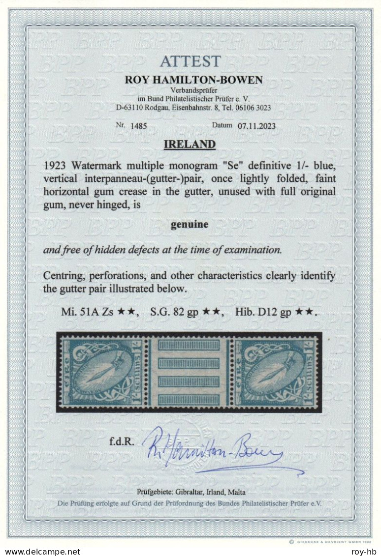 1923 Wmk. "Se" 1/ Gutter Pair, Lightly Folded, Fresh Never-hinged Mint, With New BPP Cert.  Mi. 51A, SG 80, Hib. D12 Gp. - Nuevos