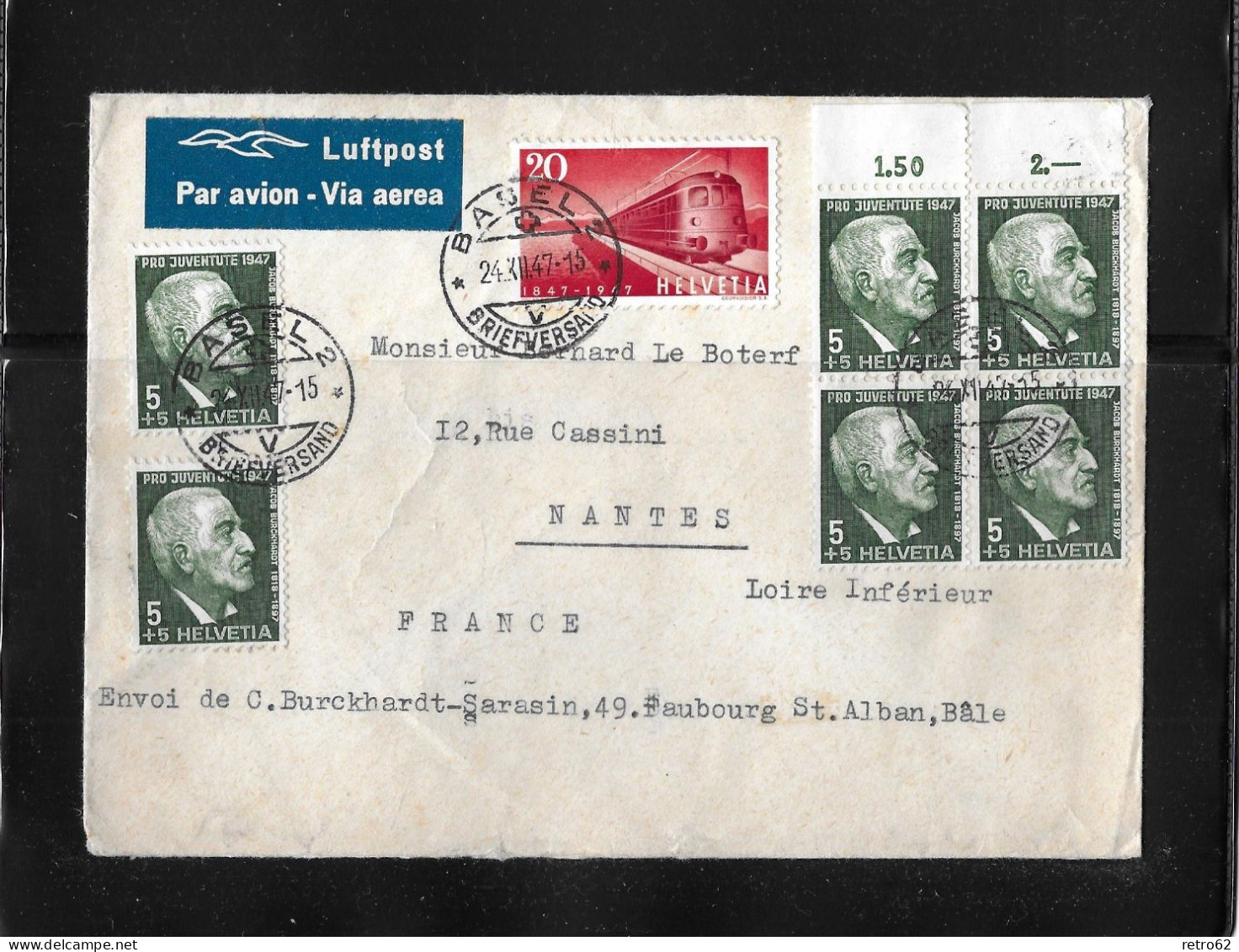 1947 LUFTPOSTBRIEF ► Brief Von Basel Nach Nantes Mit Mischfrankatur   ►SBK-279, 6xJ121◄ - Andere & Zonder Classificatie