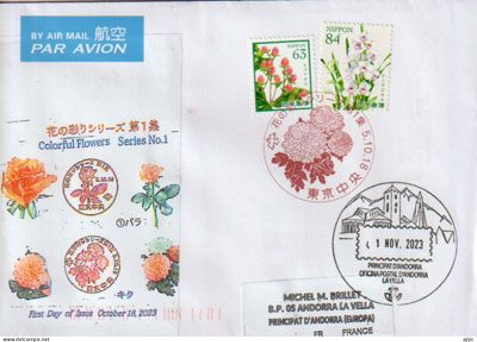 2023. Colorful Flowers (October 2023)  FDC Letter From Tokyo To Andorra, With Arrival Illustrated Postmark - Briefe U. Dokumente