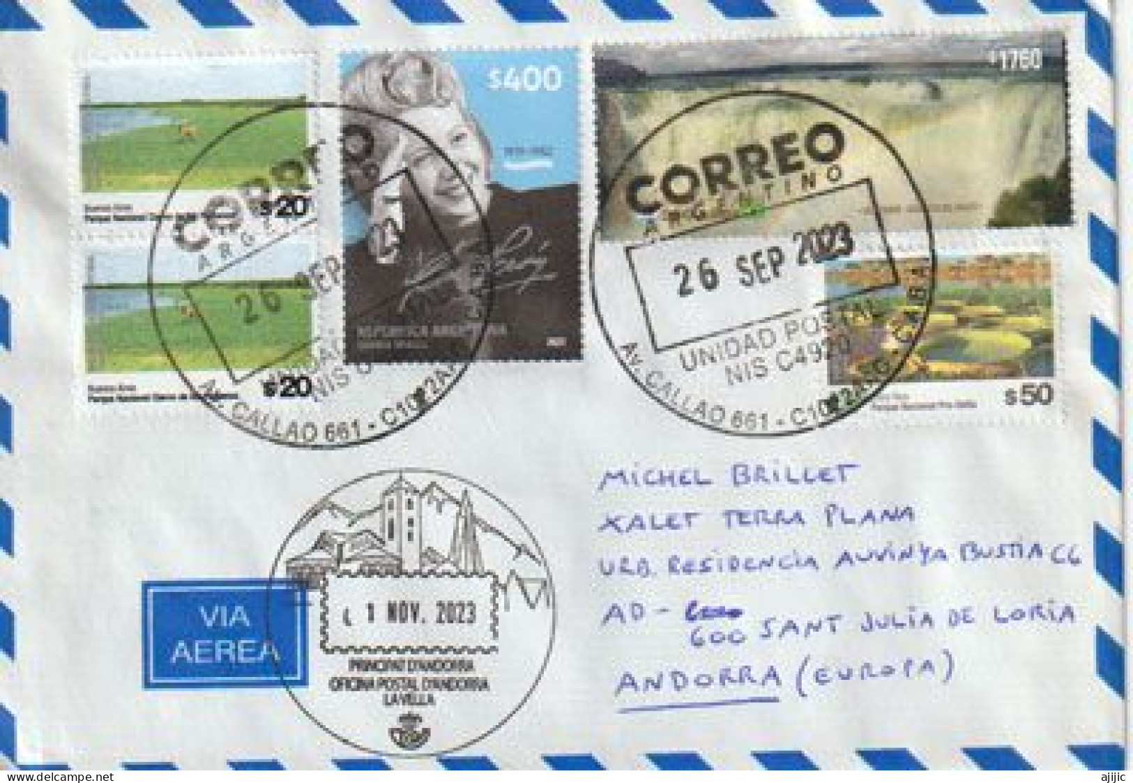 Eva Peron (Première Dame D'Argentine) Letter From Buenos Aires 2023 To Andorra, With Arrival Illustrated Postmark - Brieven En Documenten