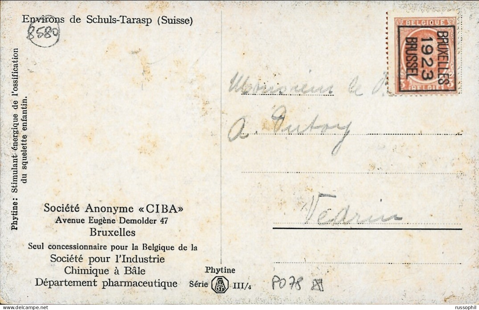 BELGIUM - COB #PRE078 FRANKING "CIBA" ADVERTISING PC (VIEW OF SCHULS TARASP)  - 1923 - Tipo 1922-31 (Houyoux)