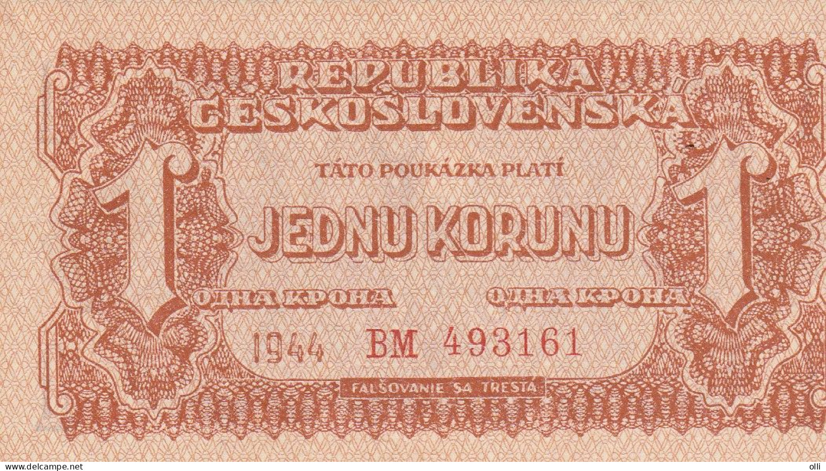 Czechoslovakia 1 Korun, P-45a  1944  UNC - Tschechoslowakei