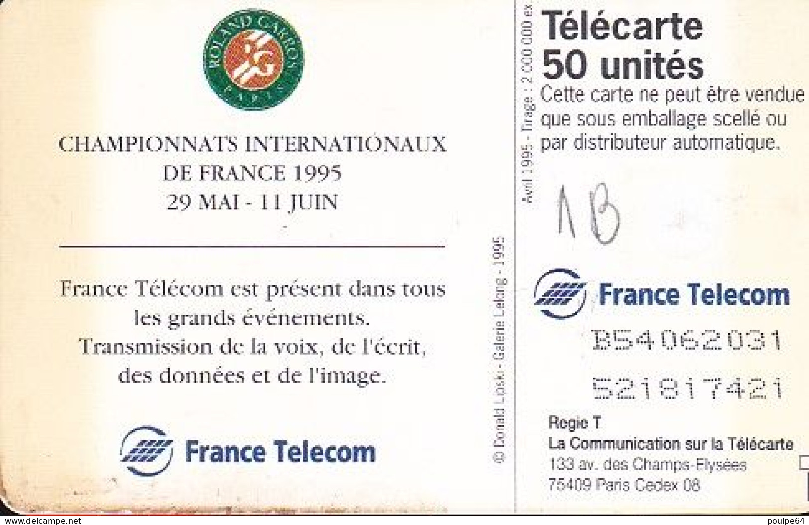 F553A - 04/1995 - ROLLAND GARROS 95 - 50 GEM1B (couleur Saumon) - 1995