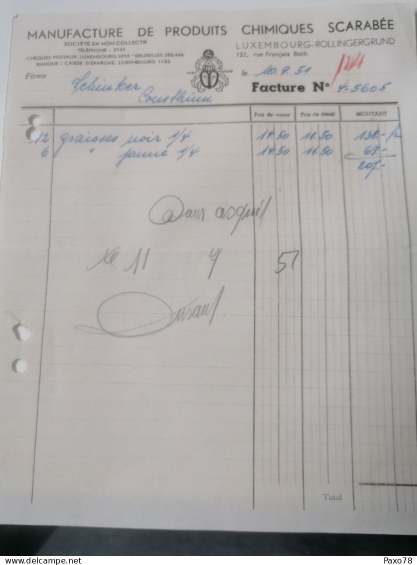 Luxembourg Facture, Manufacture De Produits Chimiques Scarabée 1951 - Luxembourg