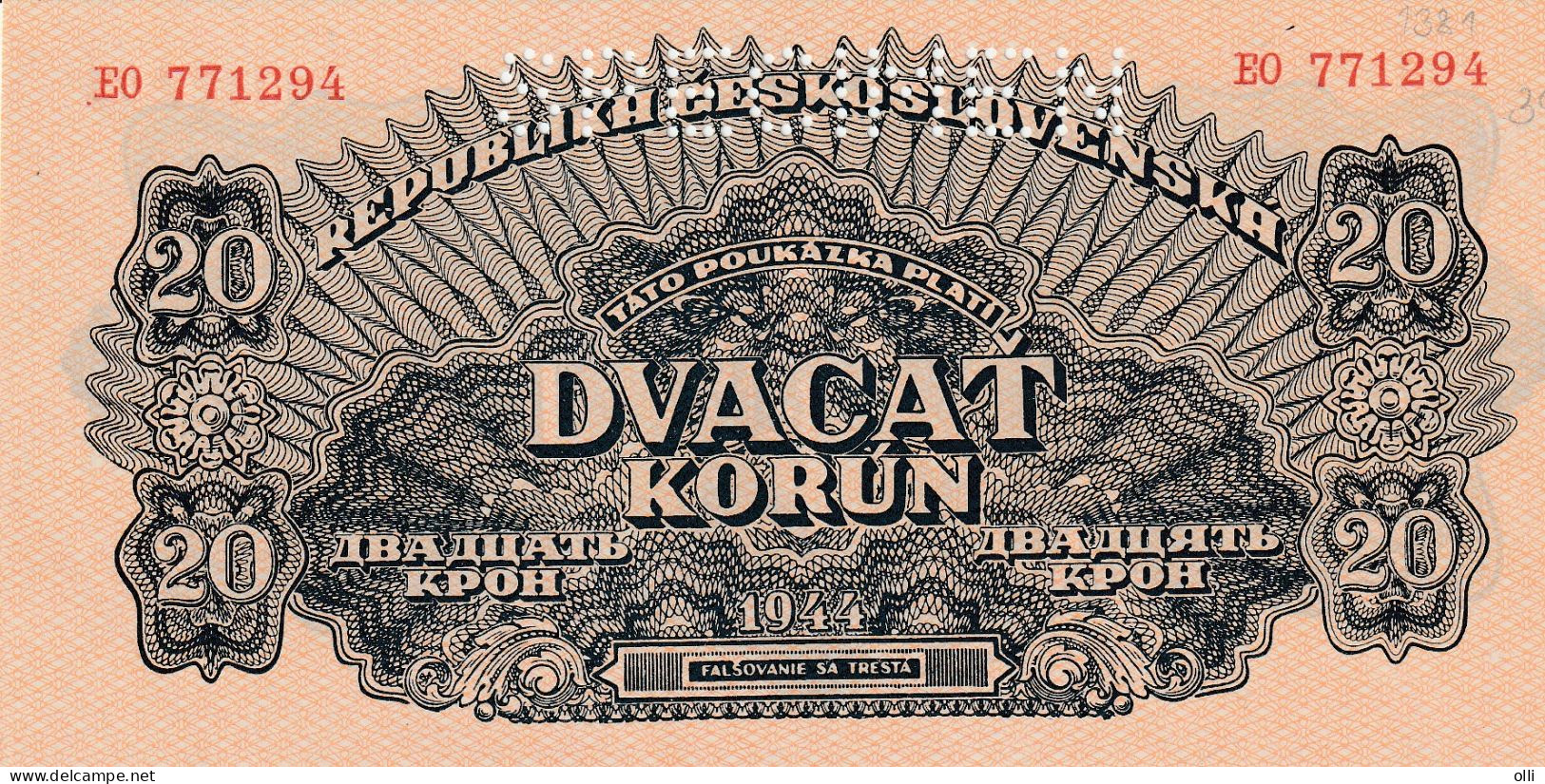 Czechoslovakia 20 Korun, P-45a  1944  UNC  SPECIMEN - Czechoslovakia