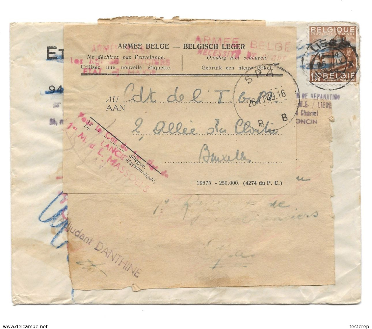 N° 767 ARMEE BELGE BELG.LEGER  SPA 26.11.1949  Vers Brux. Sign Danthine - 1948 Exportation