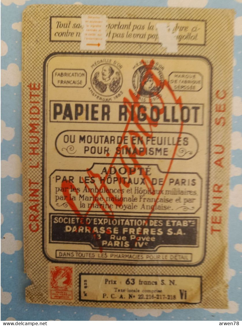 PAPIER RIGOLLOT OU MOUTARDE EN FEUILLES ( 1 ) POUR SINAPISME ADOPTE PAR LES HOPITAUX DE PARIS MEDECINE - Materiale E Accessori