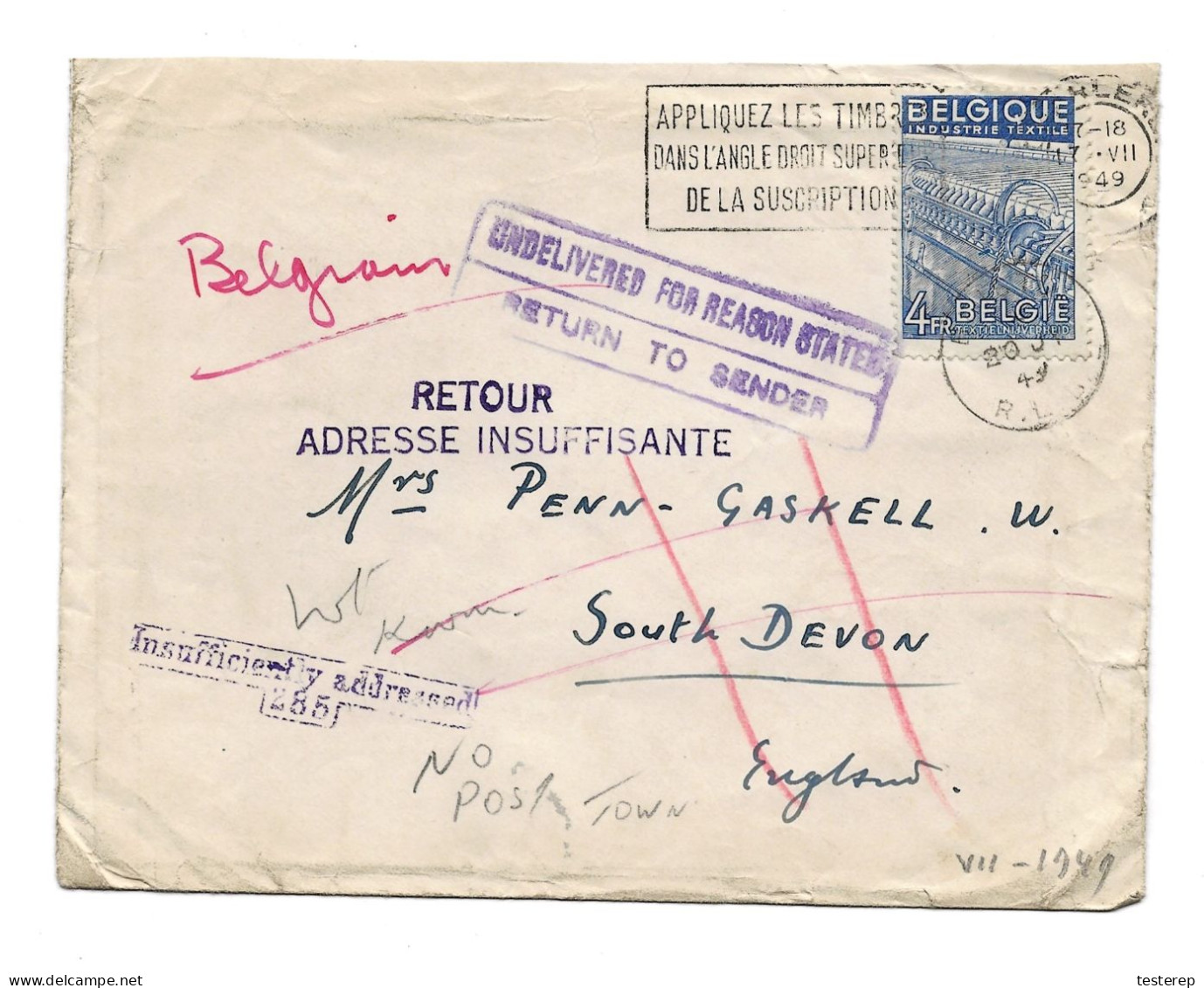 N° 771 Charleroi 17.VII.49 Vers Angleterre Et Retour 30.JY 49 R.L.... Trois Griffes Dif. - 1948 Exportation