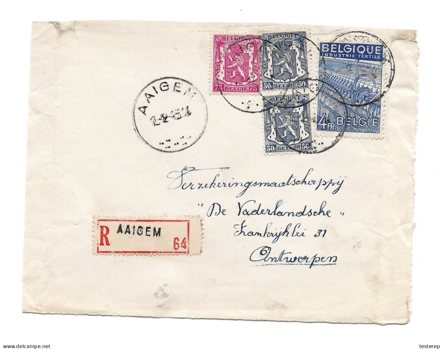771+713 Recom AAIGEM 16.2.1949 Naar Antwerpen   Voorzijde/devant De Lettre/front - 1948 Esportazione