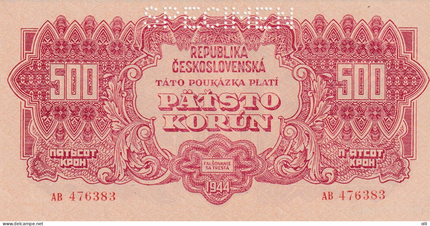 Czechoslovakia 500 Korun, P-49  1944  UNC  SPECIMEN - Tchécoslovaquie