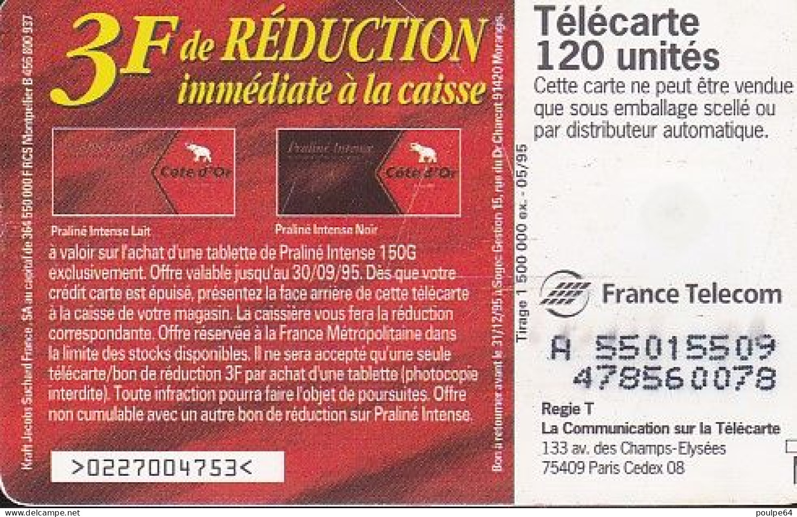 F558 - 05/1995 - CÖTE D'OR CHOCOLAT - 120 SO3 (verso : N° Deux Lignes) - 1995