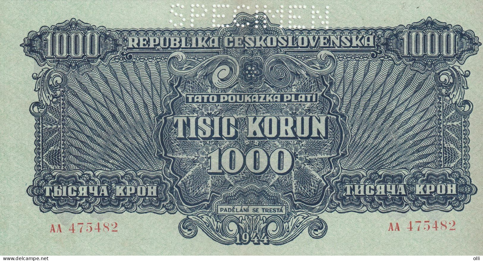 Czechoslovakia 1000 Korun, P-50  1944  UNC  SPECIMEN - Tsjechoslowakije