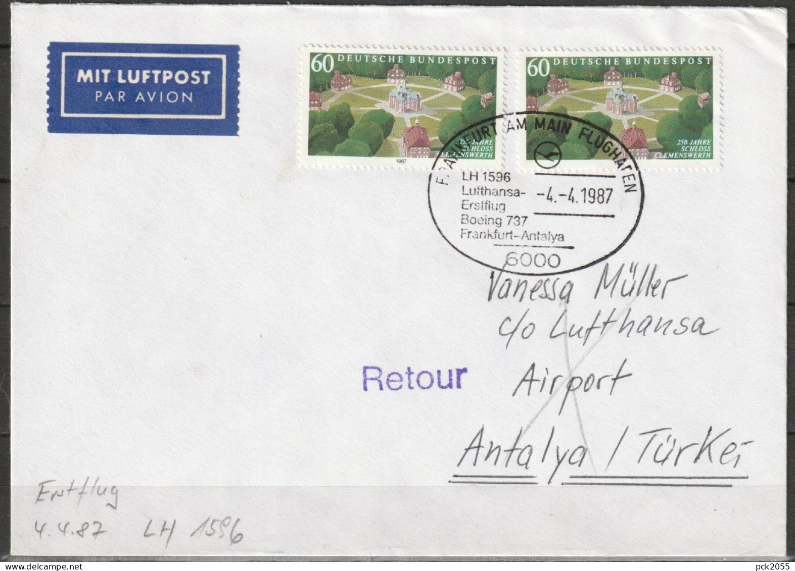 BRD Flugpost /Erstflug Boeing 737  LH 1596 Frankfurt - Antalya 4.4.1987 Ankunftstempel 4.4.87 (FP 279) - Premiers Vols