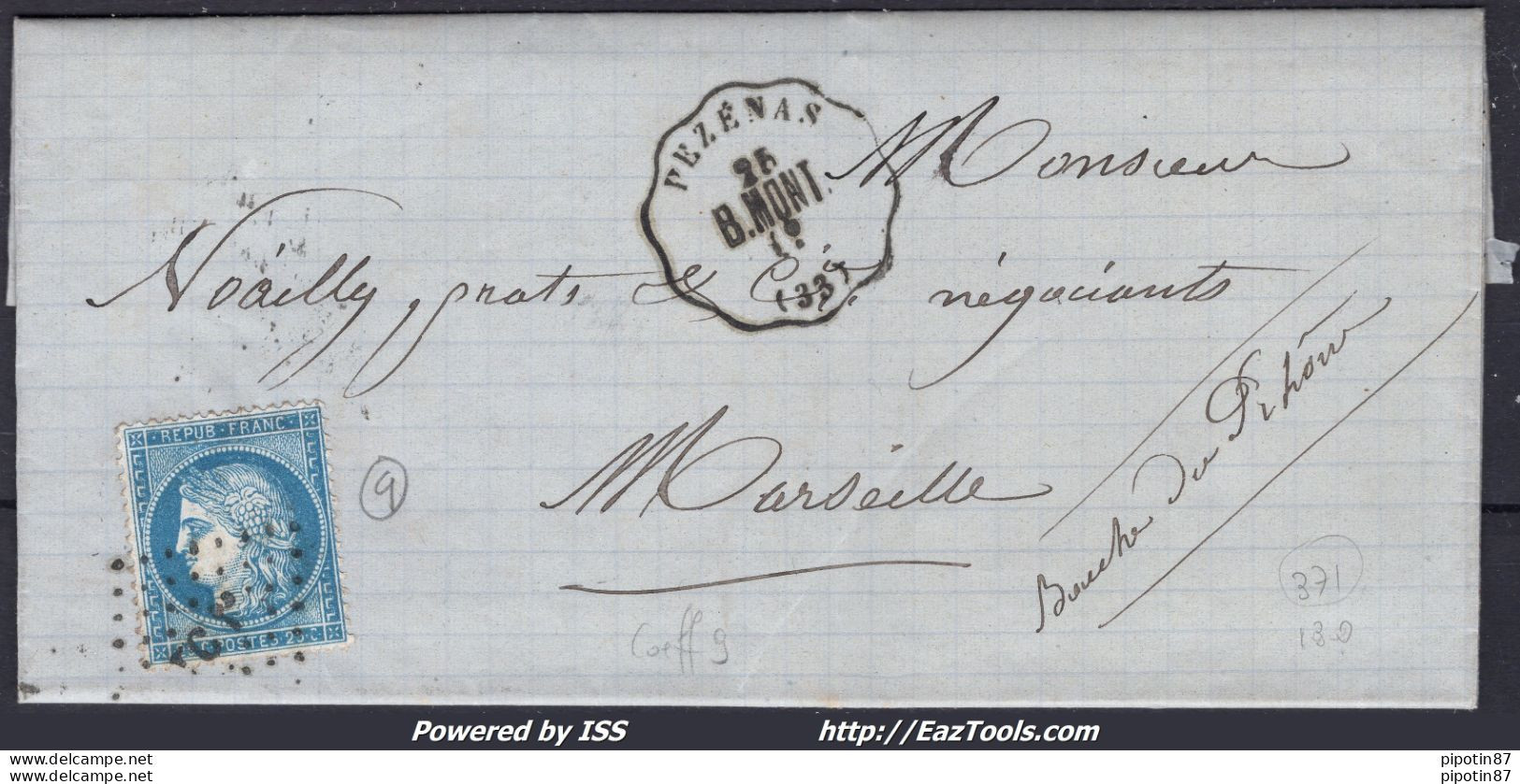 FRANCE N°60A SUR LETTRE AVEC CACHET CONVOYEUR DE STATION PEZENAS LIGNE 79 B.MONT. - 1871-1875 Ceres