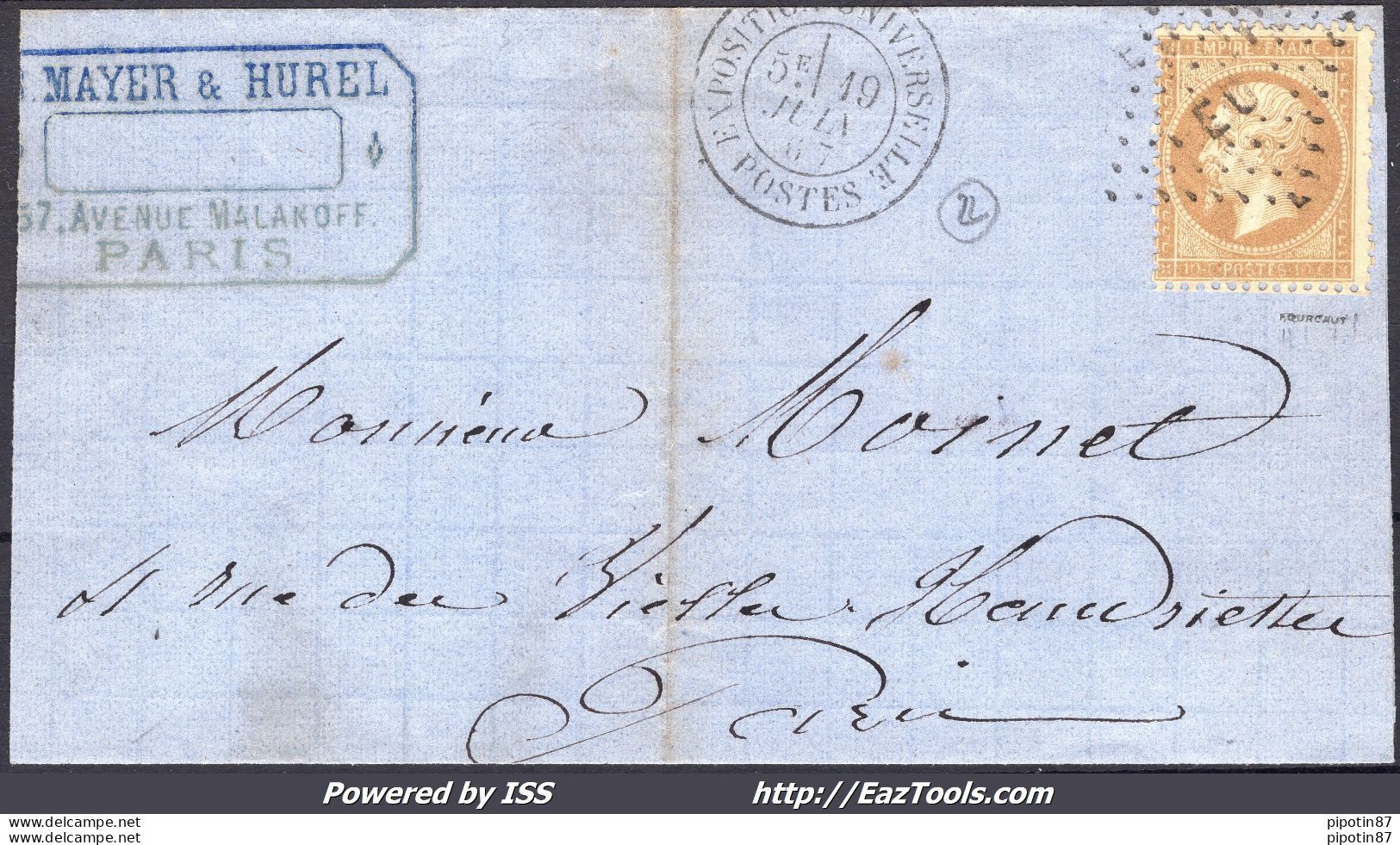 FRANCE N°21 SUR LETTRE INCOMPLETE CACHET EU EXPO UNIVERSELLE + CAD DU 19/07/1867 - 1862 Napoleon III