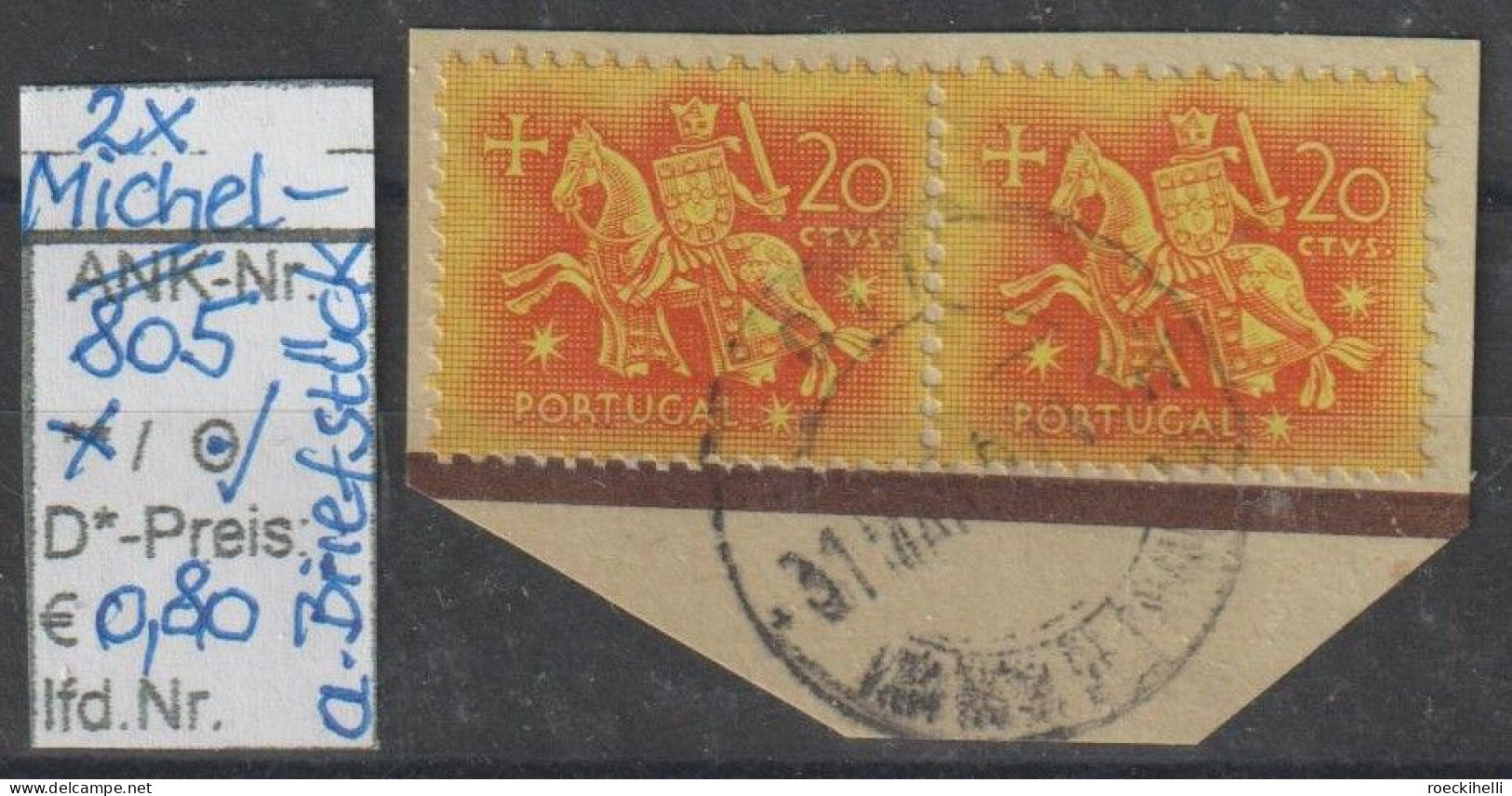 1953 - PORTUGAL - FM/DM "Ritter Zu Pferd" 20 E Rotbraun Auf Gelb - 2x O Gestempelt - S.Scan  (port 805o X2 ABs) - Gebraucht