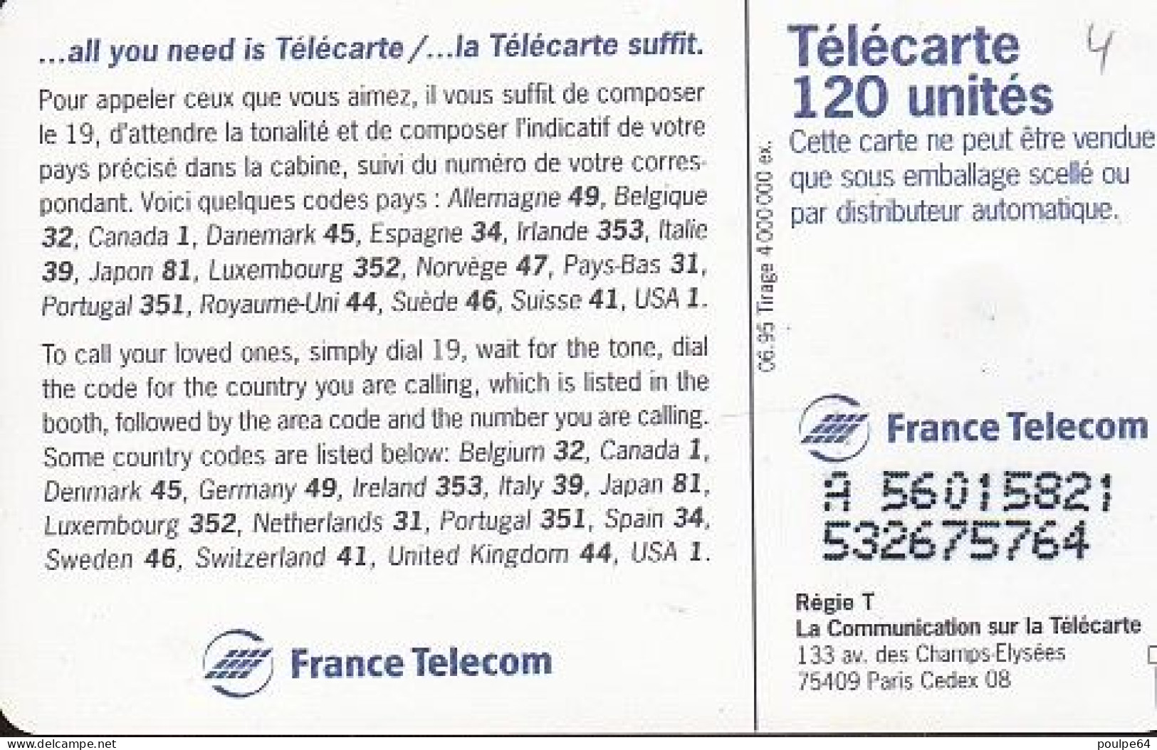 F561 - 06/1995 - CALL HOME 95 NUAGES - 50 SO3 - 1995