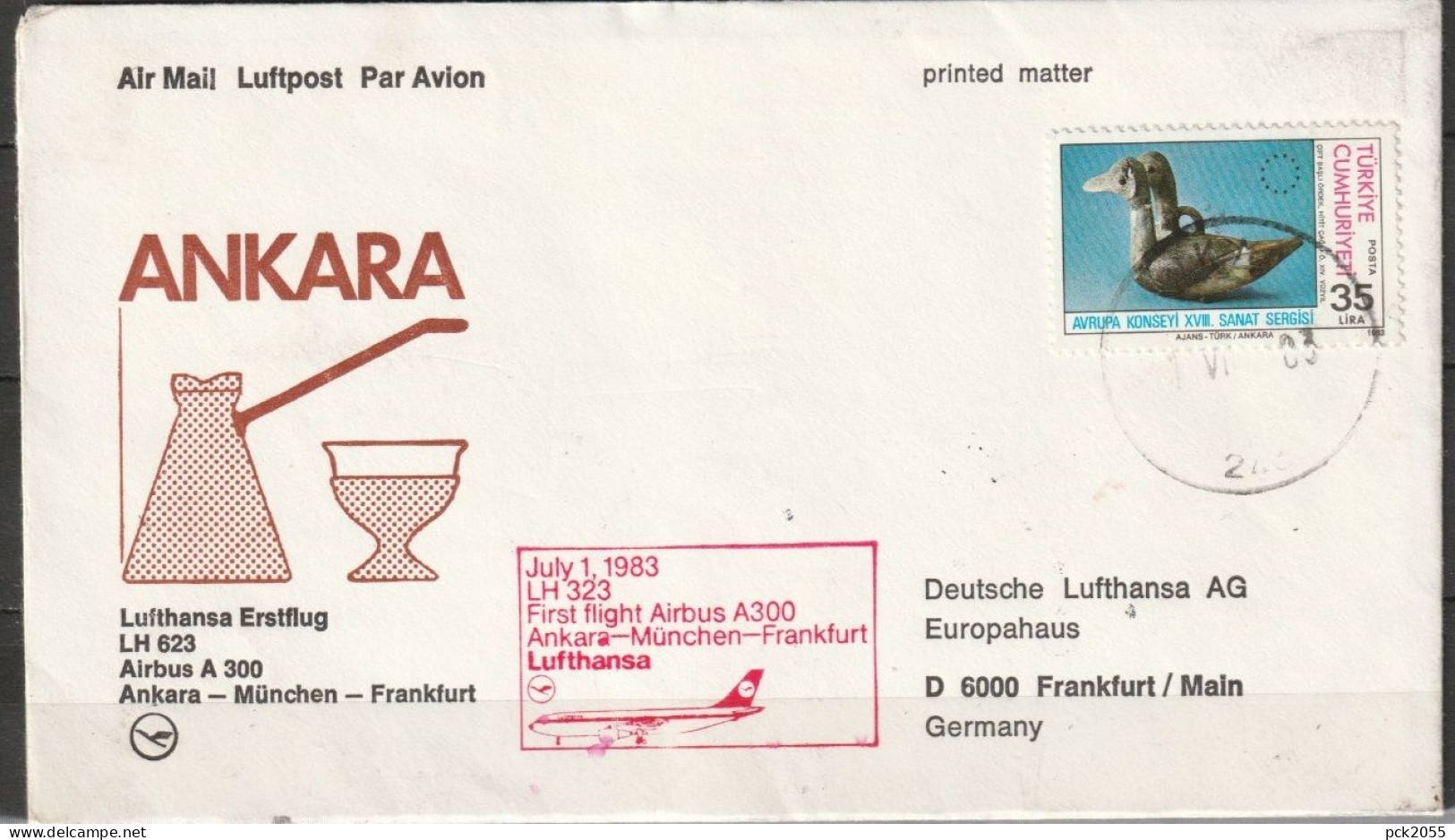 BRD Flugpost /Erstflug Airbus A300  LH 323  Ankara - Frankfurt 1.7.1983 Ankunftstempel 1.7.83 (FP 281 ) - Premiers Vols